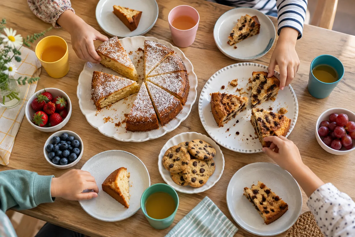 Table de goûter avec gâteaux maison pour l’arbre de Noël des enfants des salariés