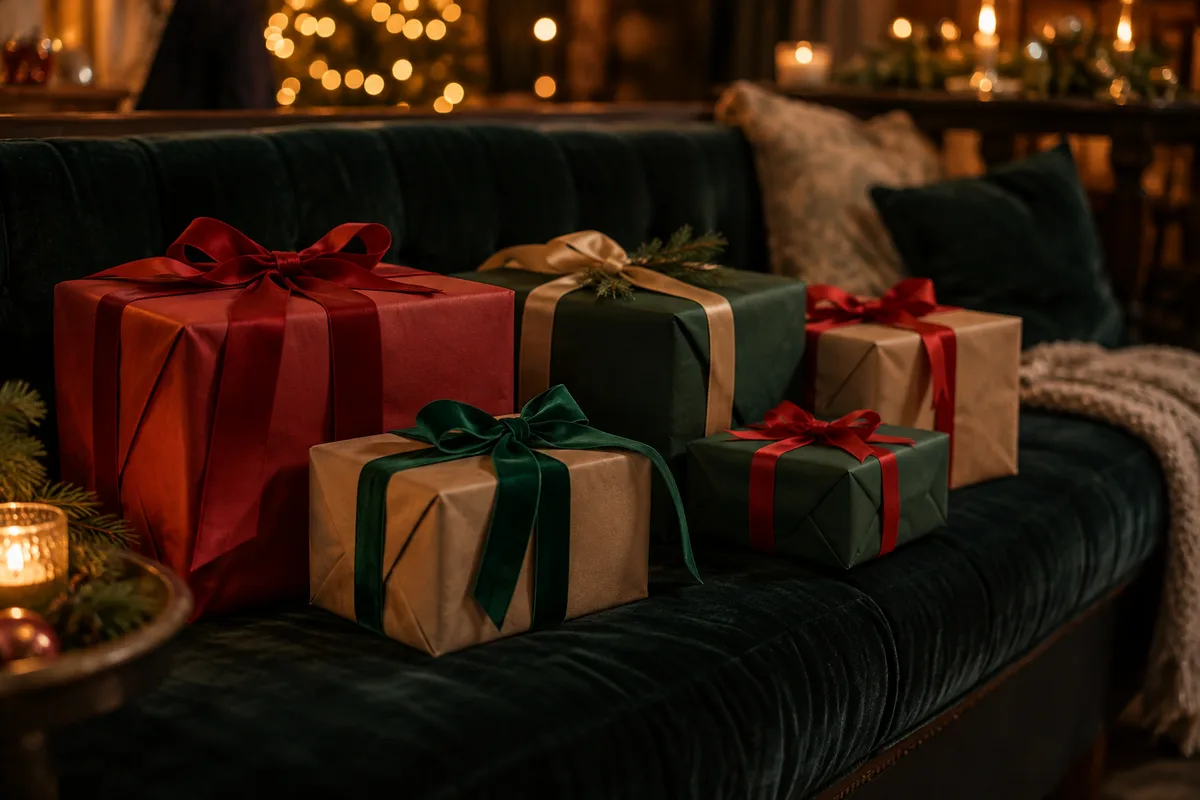 Paquets cadeaux aux papiers unis posés sur une banquette avant l’échange entre collègues