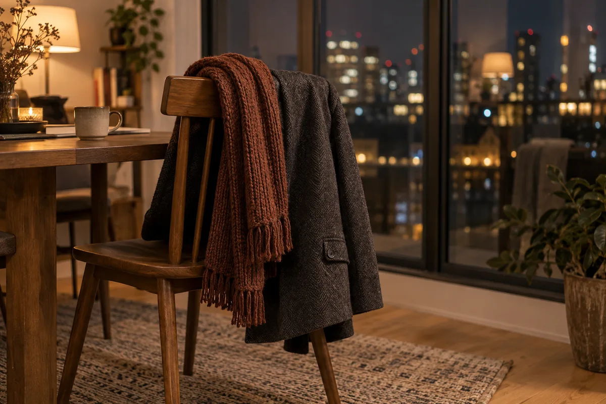 Veste et écharpe posées sur une chaise près d’une baie vitrée à la fin de la soirée