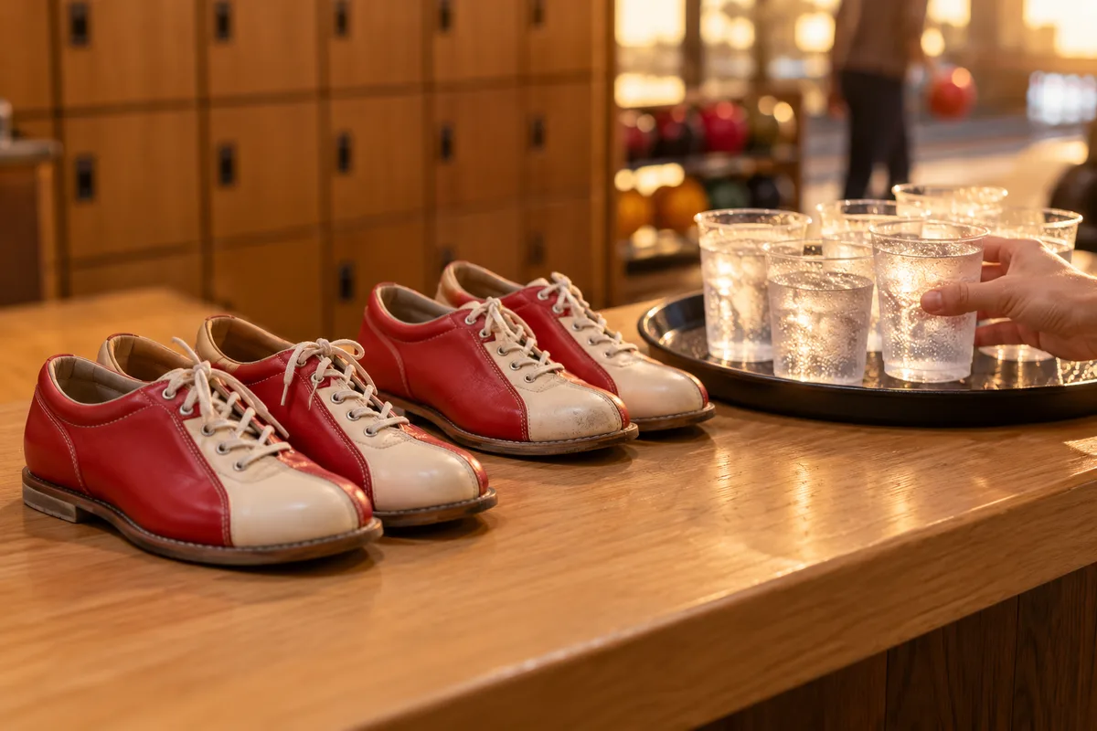Chaussures de bowling bicolores et plateau de gobelets d&rsquo;eau fraîche sur le comptoir d&rsquo;accueil