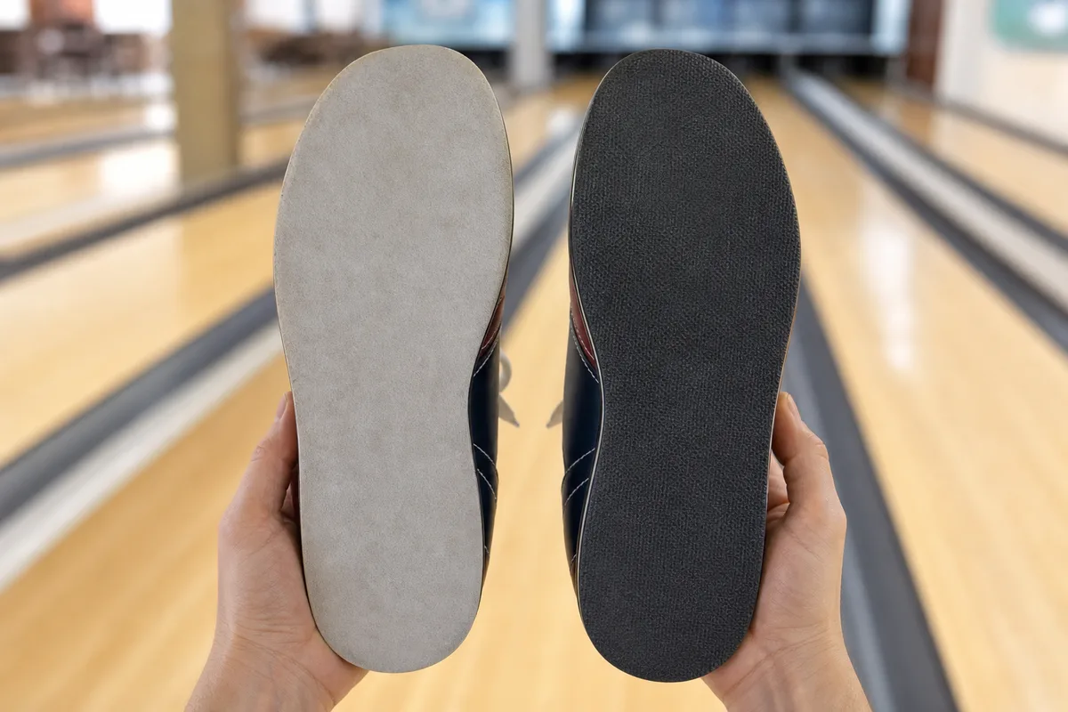 Détail des deux semelles opposées d’une paire de chaussures de bowling tenues à la main
