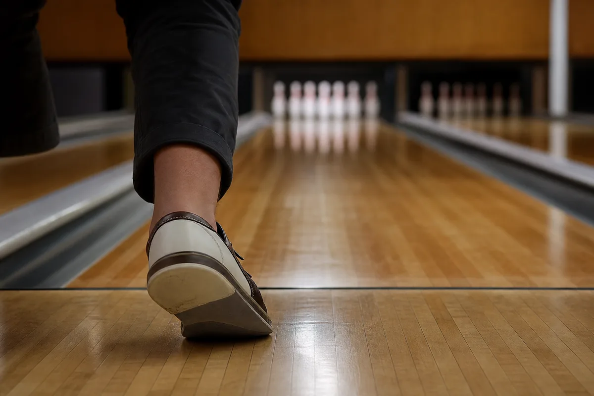 Pied d’un joueur en pleine glissade sur l’approche vernie d’une piste de bowling