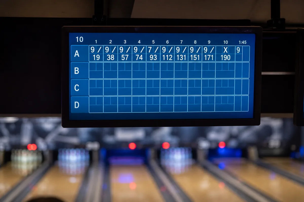 Tableau de scores électronique d&rsquo;une piste de bowling affichant une série de spares