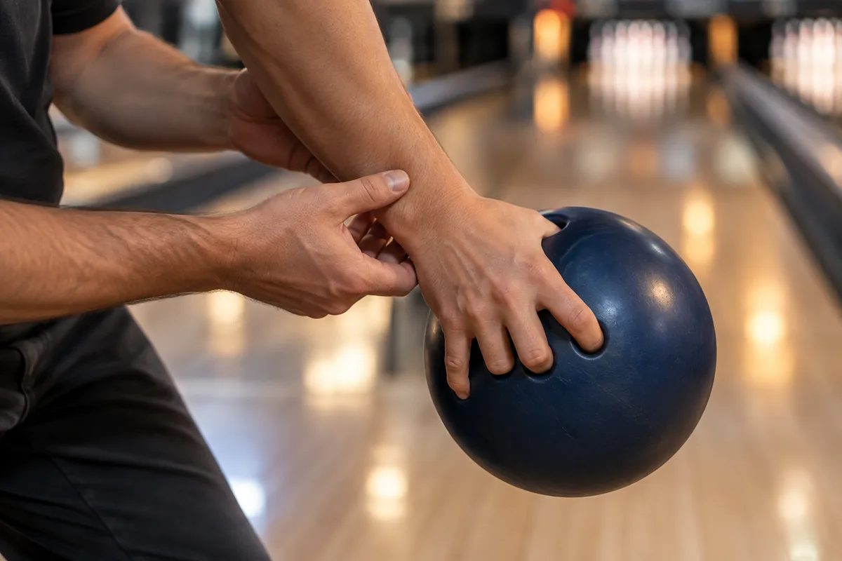 Main d&rsquo;un encadrant corrigeant l&rsquo;angle du poignet d&rsquo;un joueur qui tient une boule de bowling mate