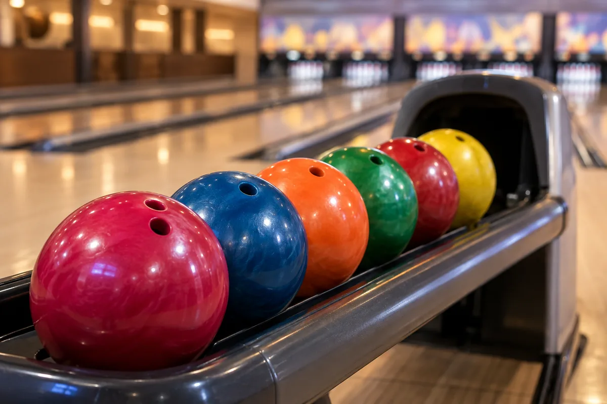 Rangée de boules de bowling colorées sur le retour de boule, piste floue en arrière-plan