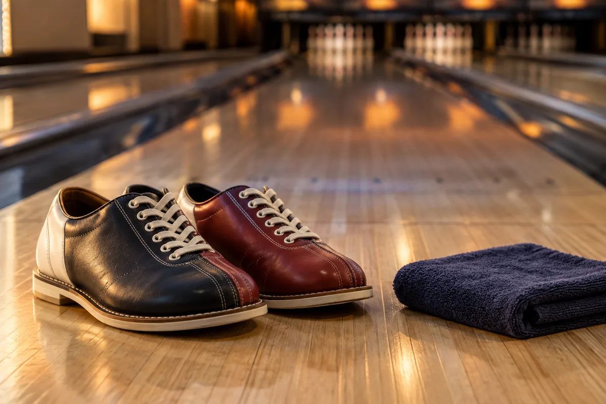 Chaussures de bowling posées au bord de l&rsquo;approche à côté d&rsquo;une serviette pliée