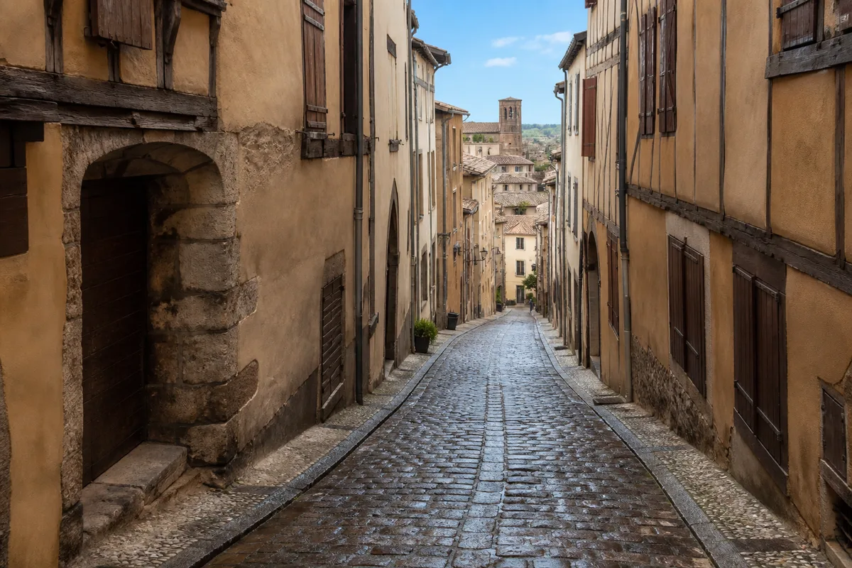 Ruelle pavée en pente bordée de façades anciennes dans une ville d&rsquo;Auvergne
