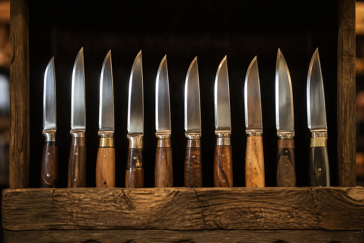 Vitrine d&rsquo;atelier présentant des lames polies alignées sur un support de bois
