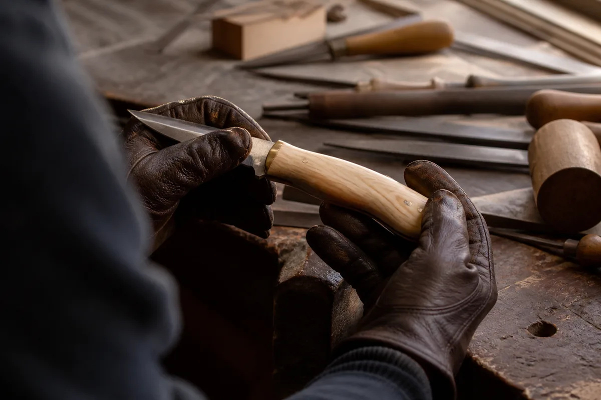 Mains gantées tenant un manche de couteau en bois clair sur un établi