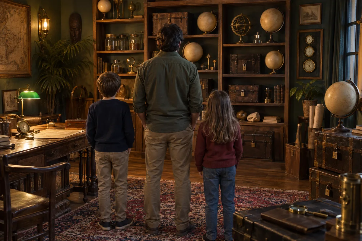 Famille vue de dos découvrant une salle d&rsquo;escape game décorée en cabinet d&rsquo;explorateur