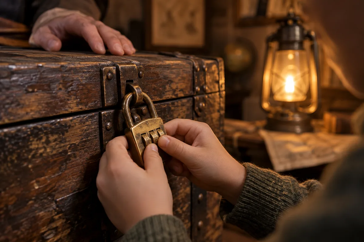 Mains d&rsquo;un enfant tournant les molettes d&rsquo;un cadenas à code sur un vieux coffre en bois