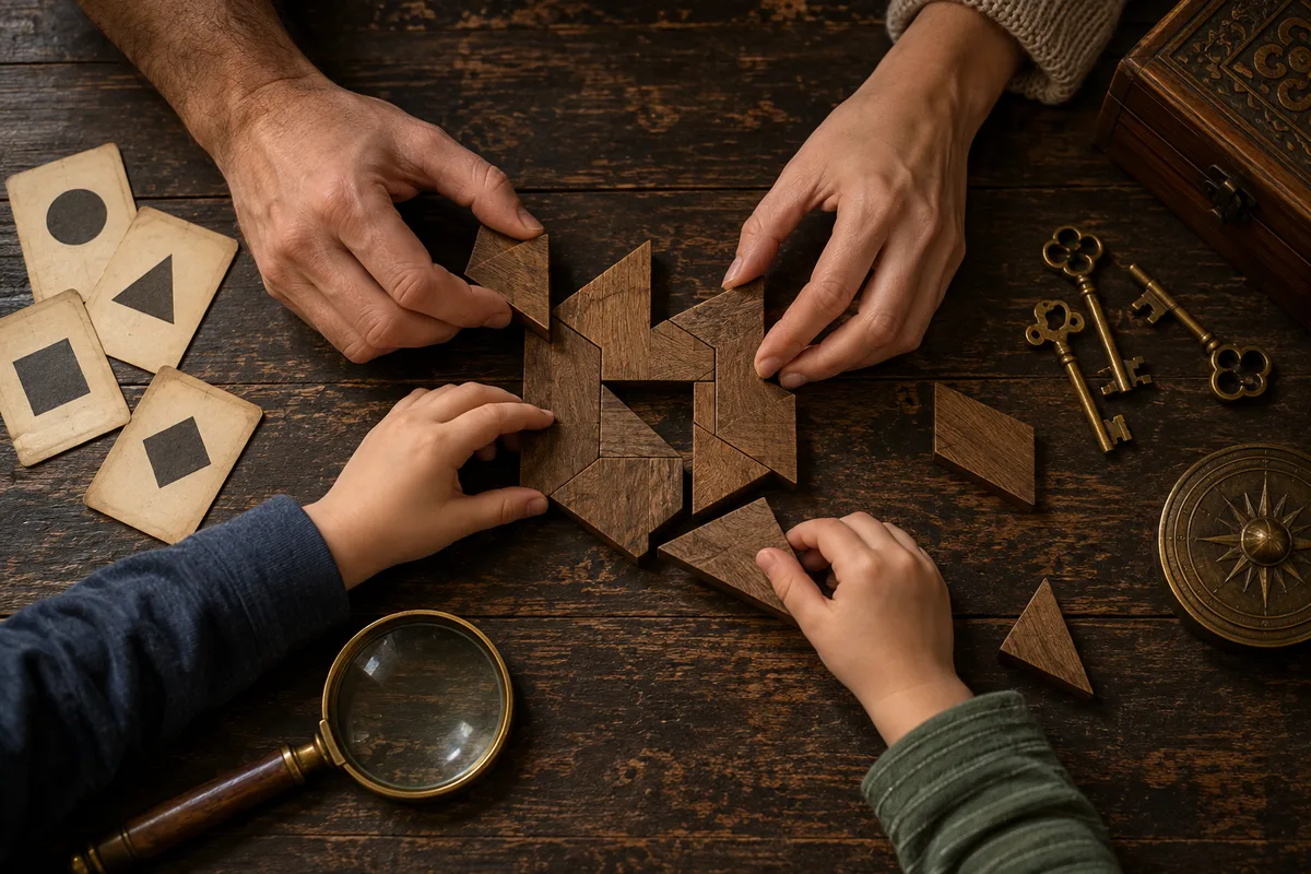 Mains de parents et d&rsquo;enfants réunies autour d&rsquo;une table couverte d&rsquo;indices dans une salle d&rsquo;énigmes