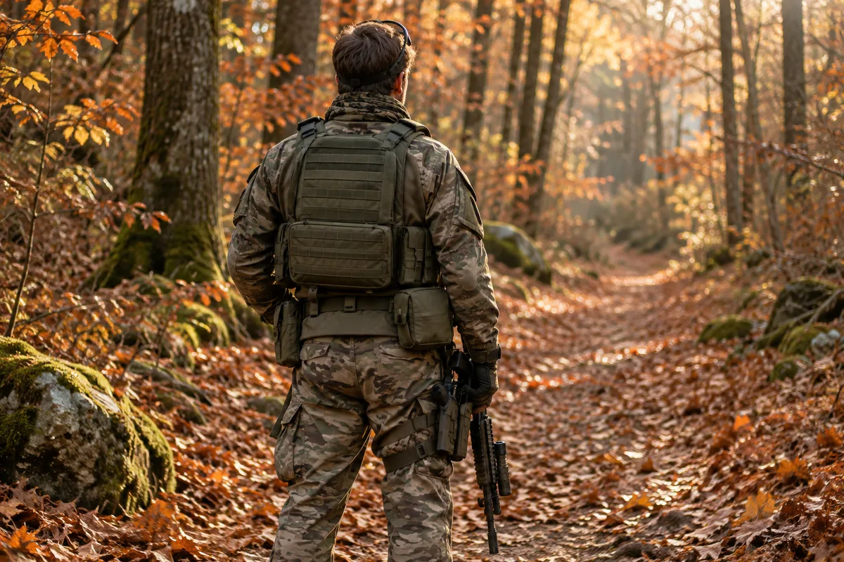 Joueur d&rsquo;airsoft vu de dos en forêt d&rsquo;automne, porte-plaques vert olive sur le dos
