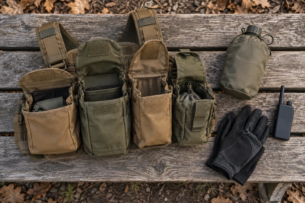 Poches de gilet tactique ouvertes sur un banc en bois avec gourde souple, gants et radio