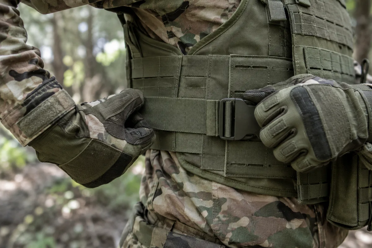Mains qui ajustent la sangle latérale d&rsquo;un gilet tactique sur une tenue camouflage