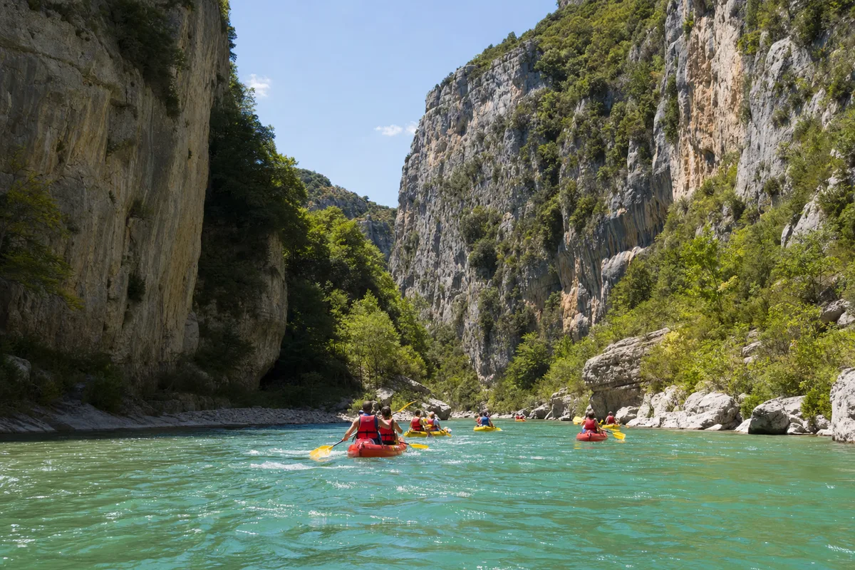 Groupe d’amis pagayant en canoë sur une rivière bordée de falaises calcaires