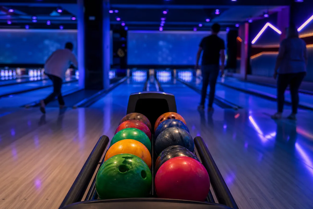 Pistes de bowling illuminées avec boules colorées prêtes pour une soirée de groupe