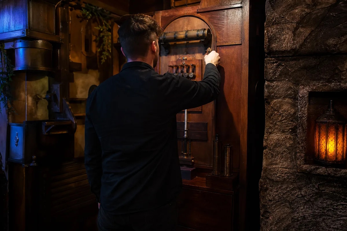 Game master de dos manipulant un mécanisme scénique dans une salle d&rsquo;escape game
