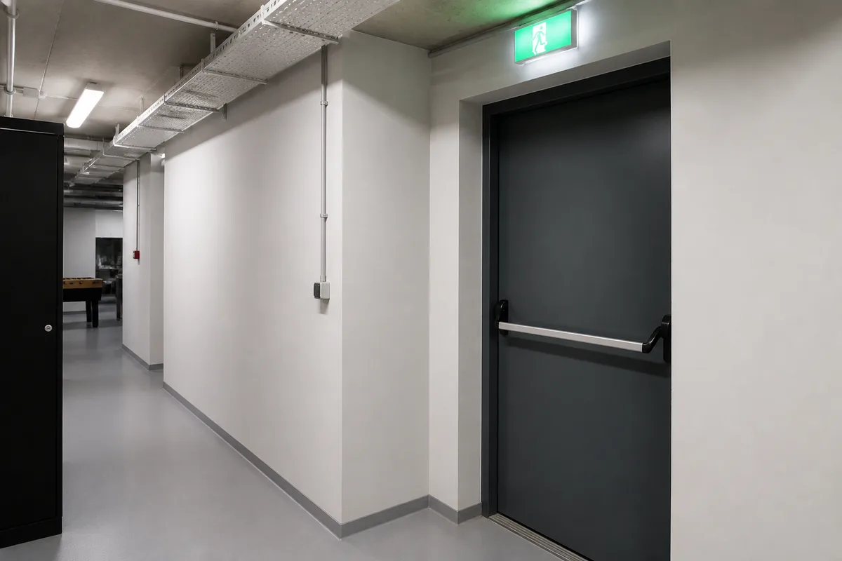 Sortie de secours balisée dans un couloir technique de salle de loisirs