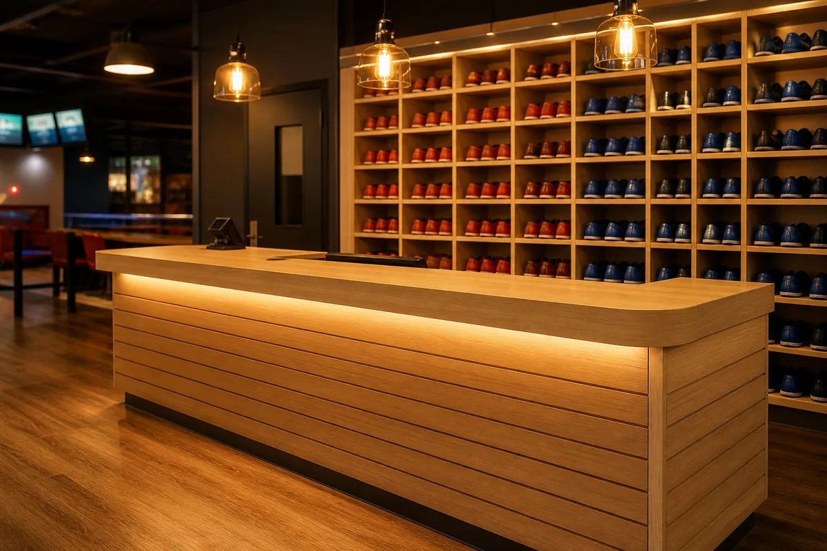 Comptoir d&rsquo;accueil en bois clair d&rsquo;une salle de loisirs, casiers à chaussures alignés