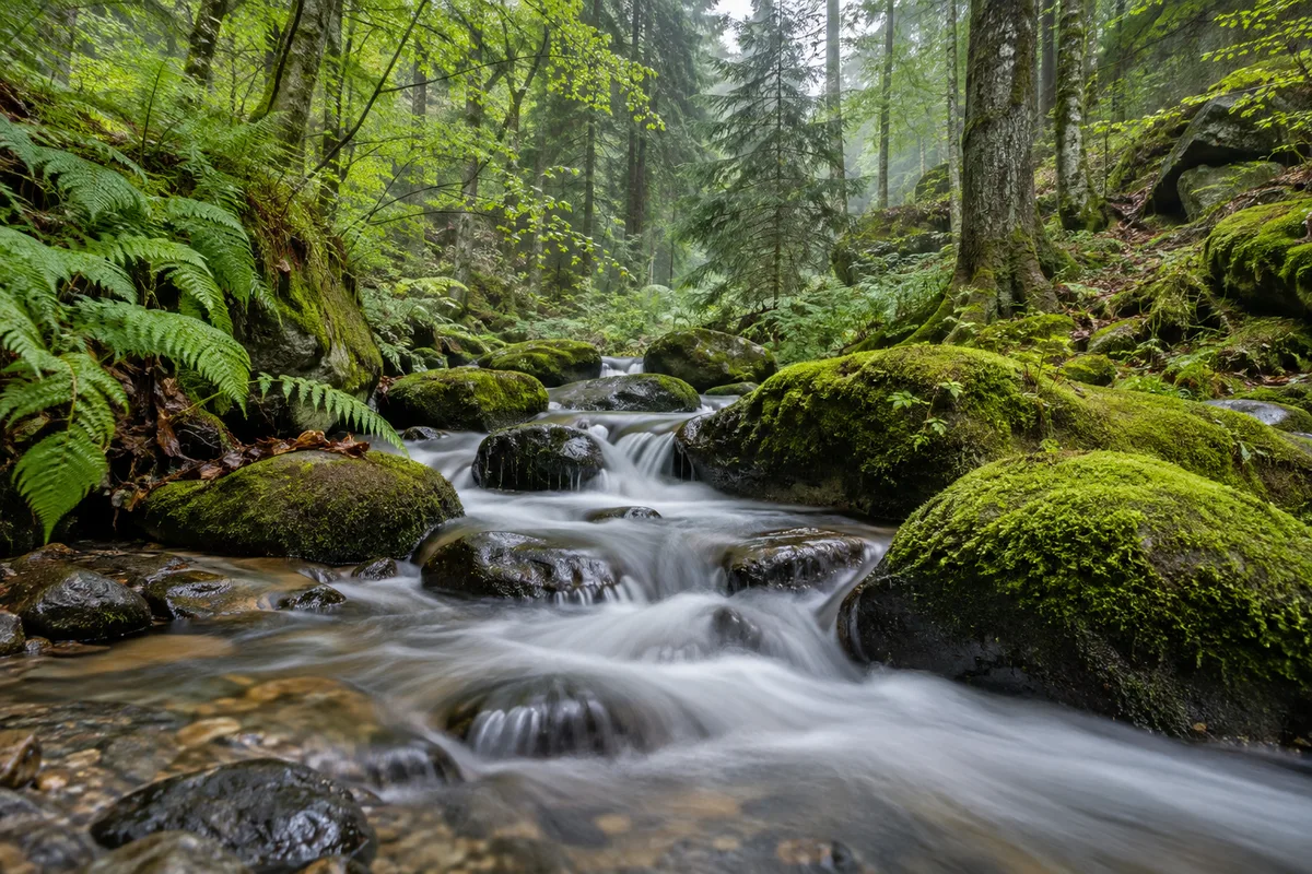 Ruisseau entre des rochers moussus dans une vallée boisée du Livradois-Forez