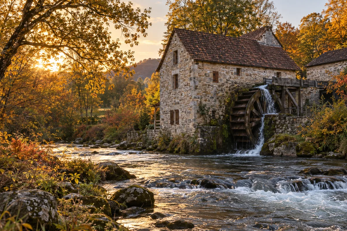 Vieux moulin en pierre au bord de la rivière, vu de trois quarts