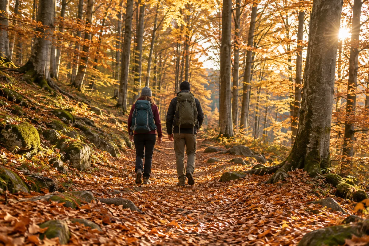 Randonneurs vus de dos sur un sentier forestier couvert de feuilles dans les monts du Forez