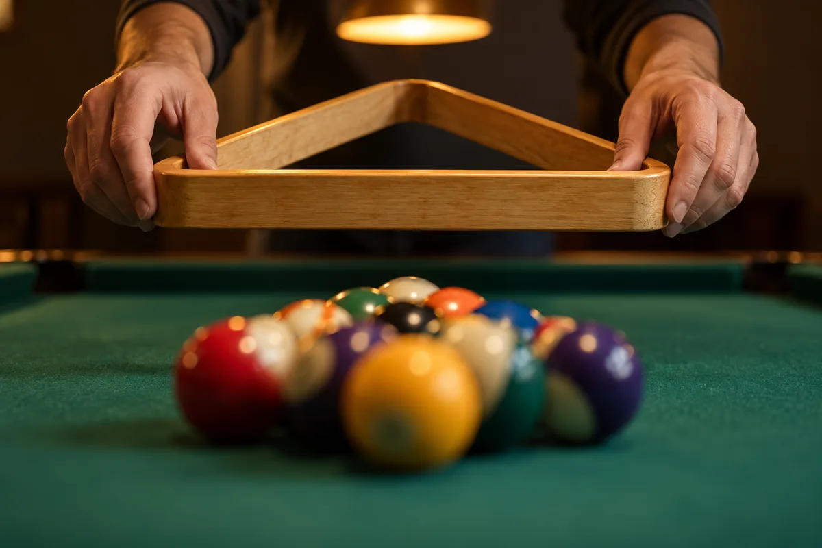Mains qui soulèvent un triangle en bois au-dessus d&rsquo;un paquet de billes serrées