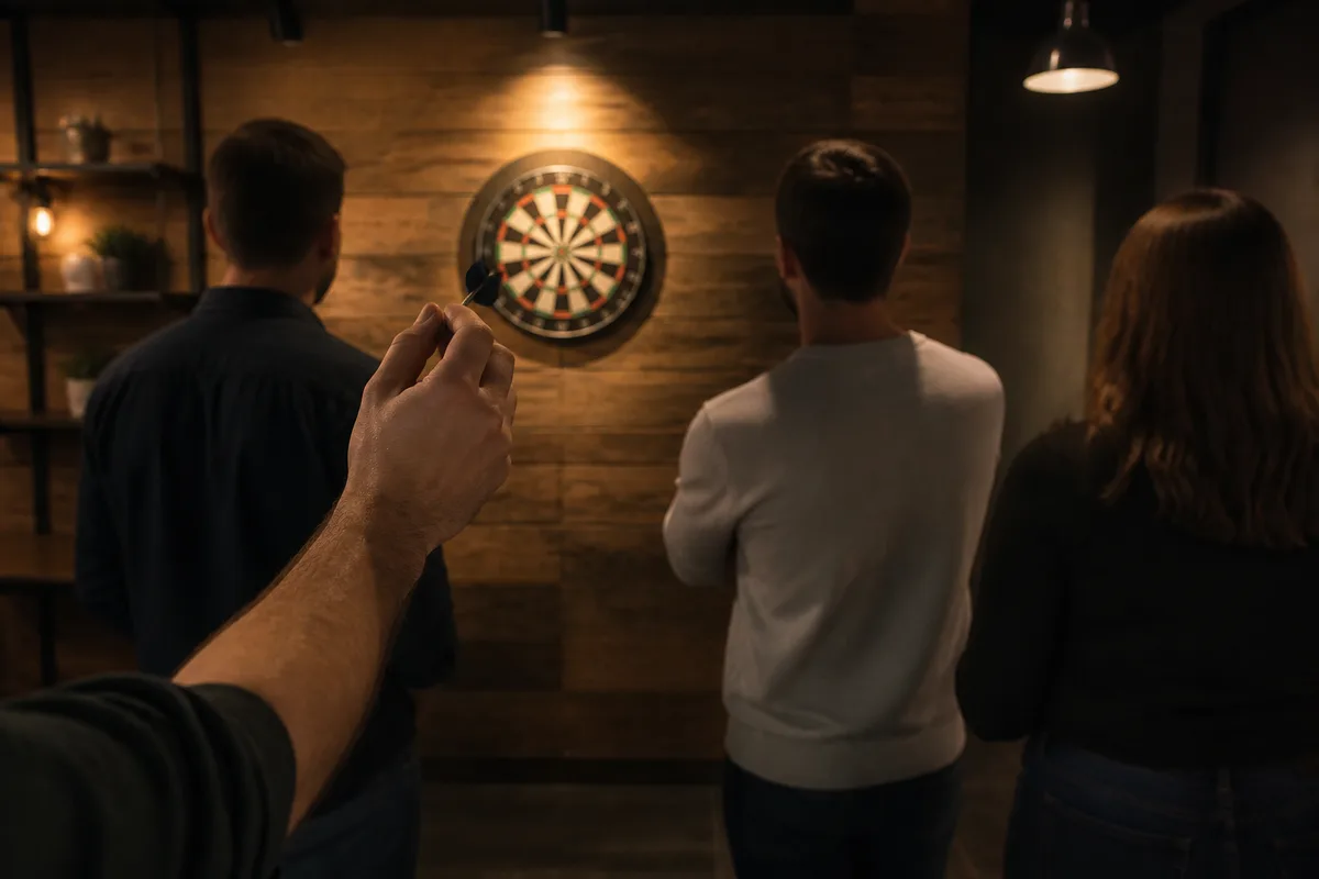 Groupe de joueurs autour d&rsquo;une cible murale dans une salle de loisirs