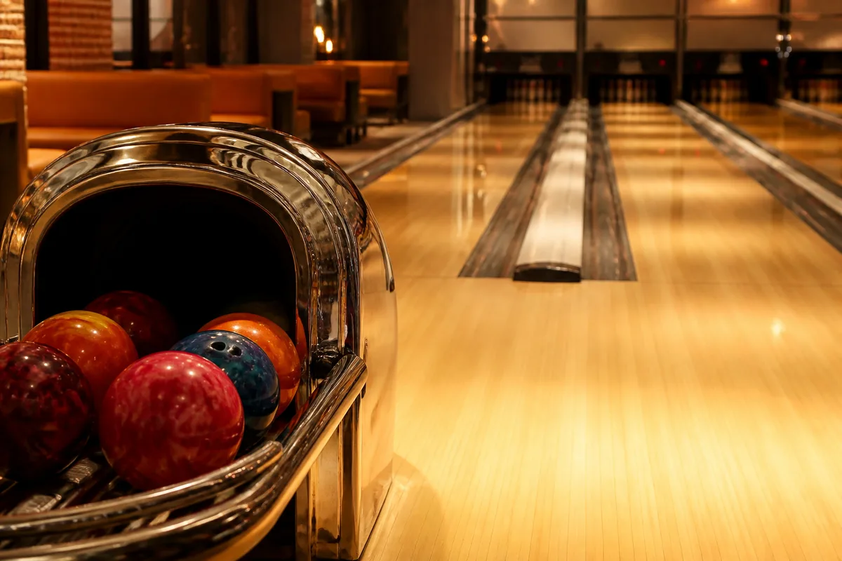 Pistes de bowling allumées en début d&rsquo;après-midi, banquettes vides et retour de boules au premier plan