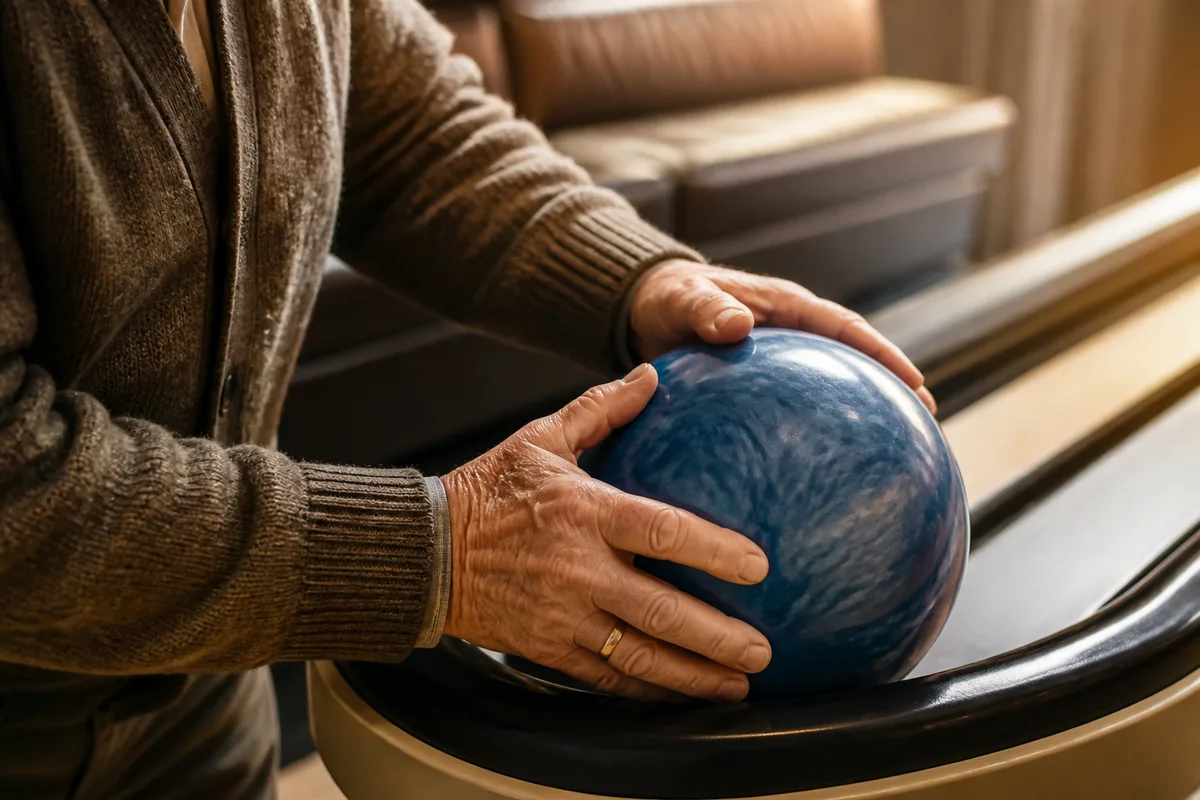 Mains d&rsquo;un joueur senior posant une boule de bowling sur le retour de boules, lumière chaude
