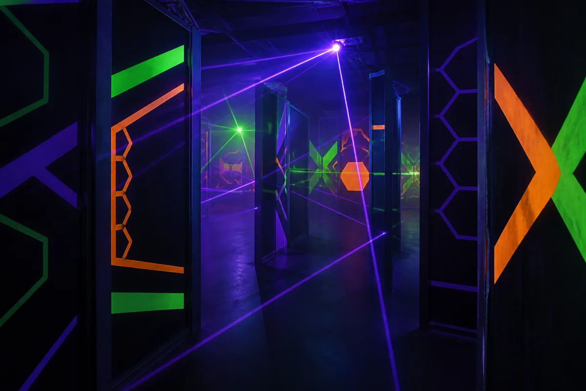 Arène de laser game éclairée en lumière noire, cloisons peintes et brume légère