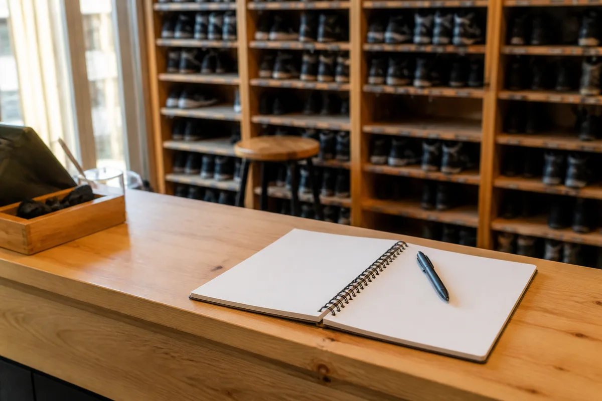 Comptoir d&rsquo;accueil d&rsquo;une salle de loisirs avec carnet de réservation ouvert et casiers en arrière-plan