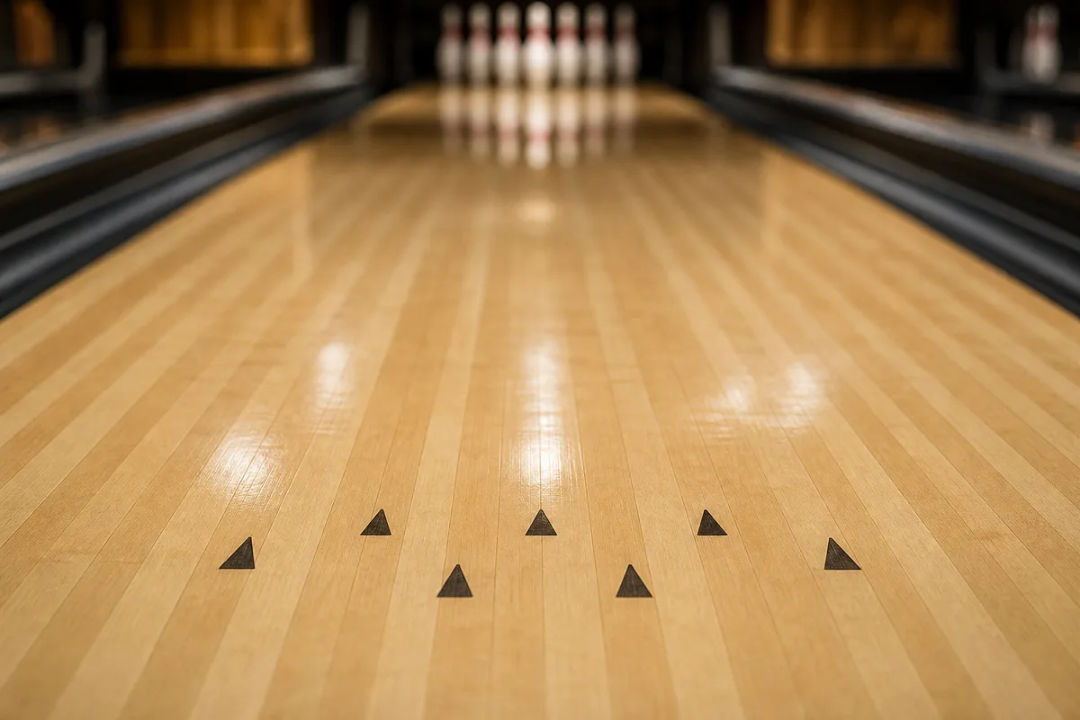 Gros plan sur les flèches de visée incrustées dans une piste de bowling en bois clair
