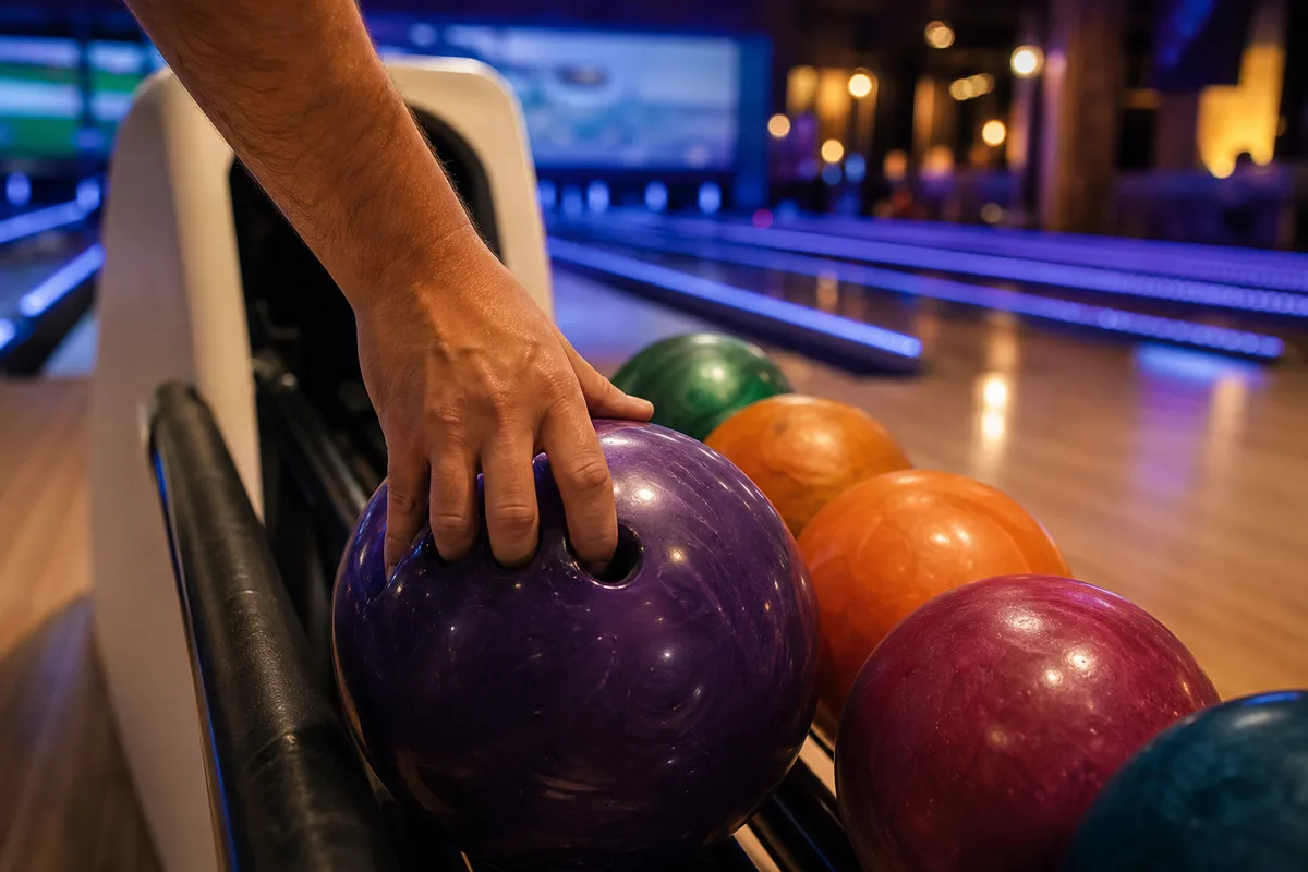 Main saisissant une boule de bowling sur le râtelier de retour, pistes éclairées en arrière-plan